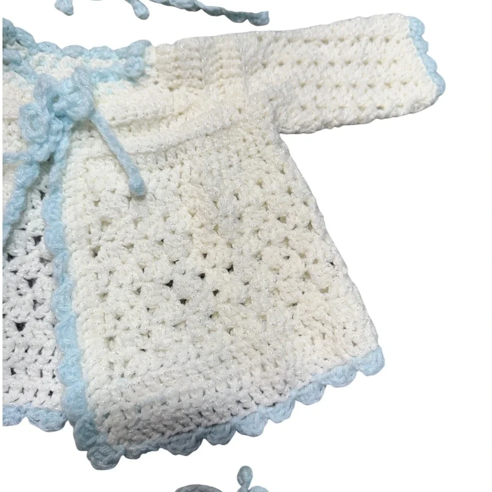 Vintage Unbranded Crochet Cardigan Bonnet Booties Set Kids 0 3M Soft Coquette